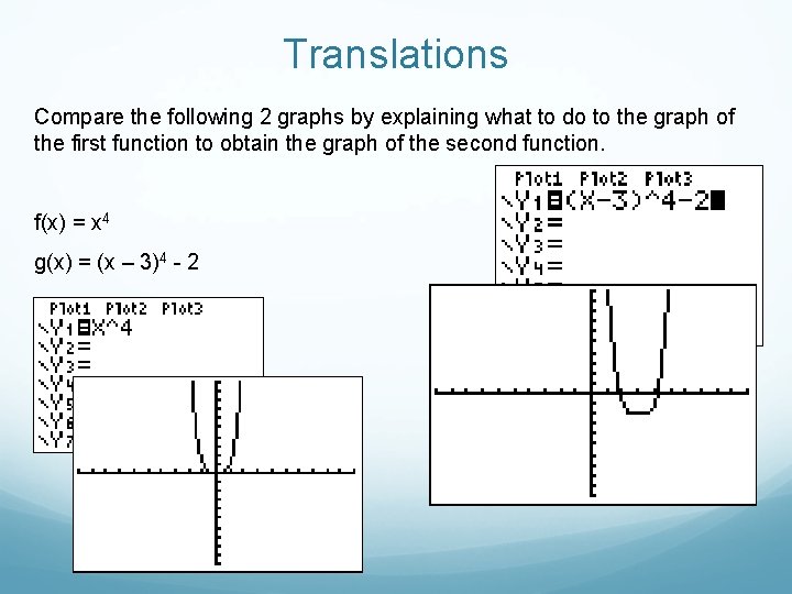 Translations Compare the following 2 graphs by explaining what to do to the graph