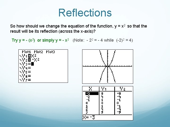 Reflections So how should we change the equation of the function, y = x