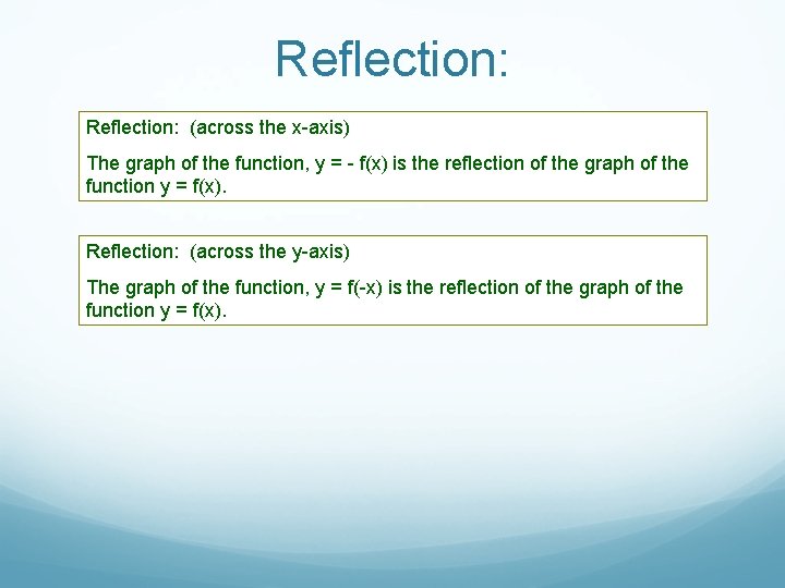 Reflection: (across the x-axis) The graph of the function, y = - f(x) is