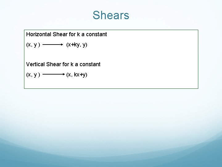 Shears Horizontal Shear for k a constant (x, y ) (x+ky, y) Vertical Shear