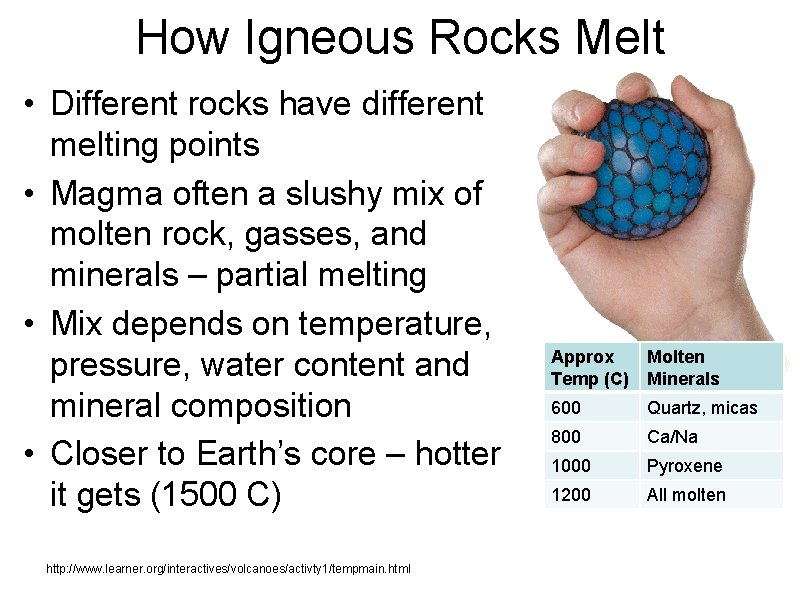 How Igneous Rocks Melt • Different rocks have different melting points • Magma often