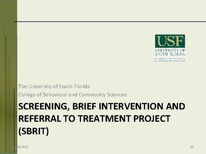 The University of South Florida College of Behavioral and Community Sciences SCREENING, BRIEF INTERVENTION