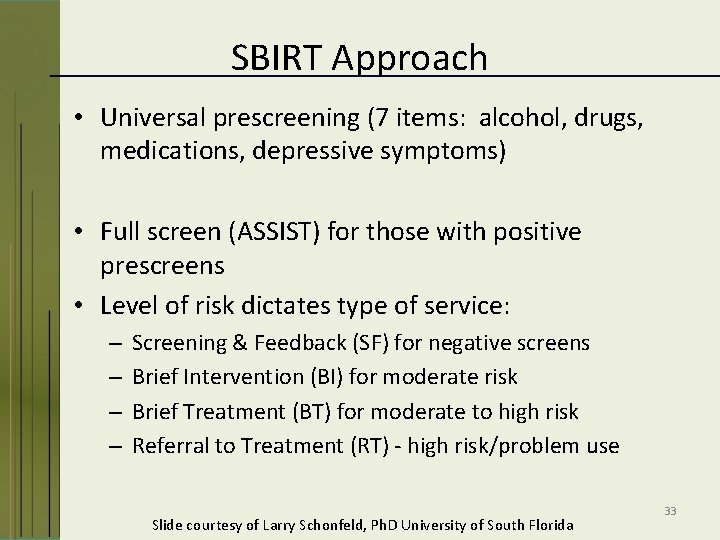 SBIRT Approach • Universal prescreening (7 items: alcohol, drugs, medications, depressive symptoms) • Full