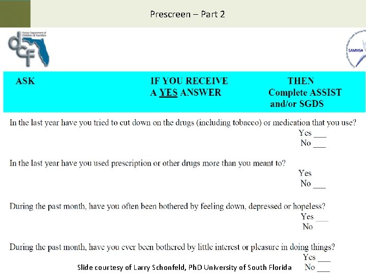 Prescreen – Part 2 Slide courtesy of Larry Schonfeld, Ph. D University of South