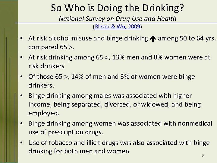 So Who is Doing the Drinking? National Survey on Drug Use and Health (Blazer