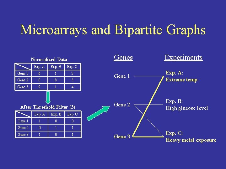 Microarrays and Bipartite Graphs Normalized Data Exp. A Exp. B Exp. C Gene 1
