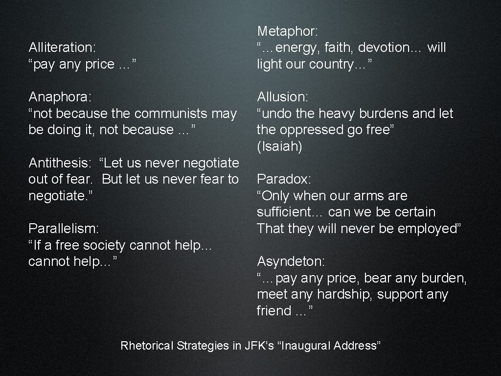 Alliteration: “pay any price …” Anaphora: “not because the communists may be doing it,