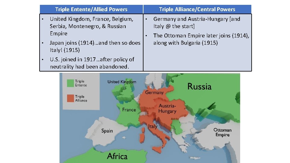 Triple Entente/Allied Powers • United Kingdom, France, Belgium, Serbia, Montenegro, & Russian Empire •