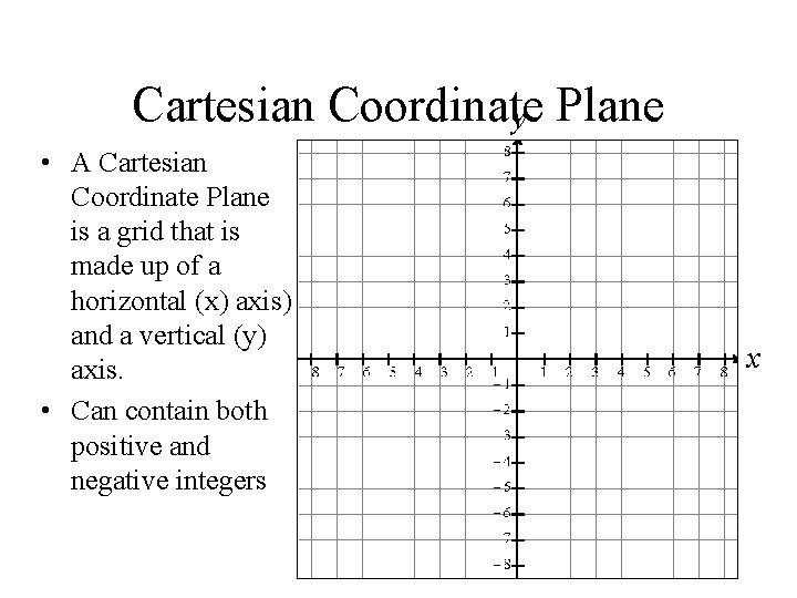 Cartesian Coordinate y Plane • A Cartesian Coordinate Plane is a grid that is