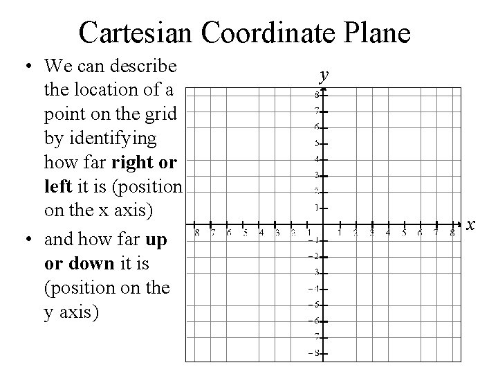 Cartesian Coordinate Plane • We can describe the location of a point on the