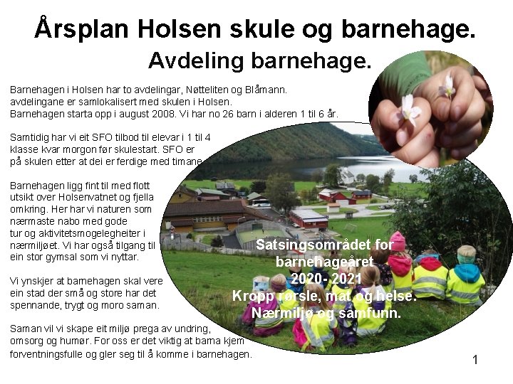 Årsplan Holsen skule og barnehage. Avdeling barnehage. Barnehagen i Holsen har to avdelingar, Nøtteliten