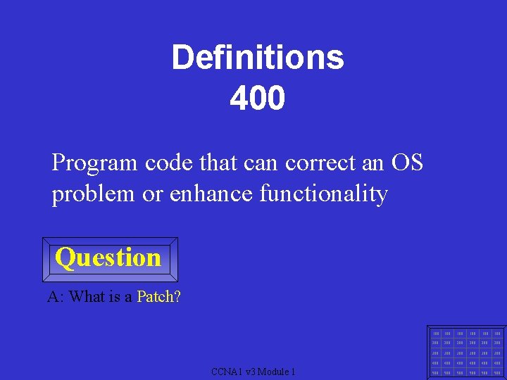 Definitions 400 Program code that can correct an OS problem or enhance functionality Question