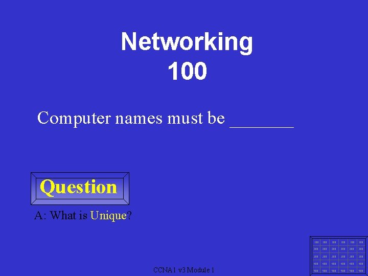 Networking 100 Computer names must be _______ Question A: What is Unique? CCNA 1