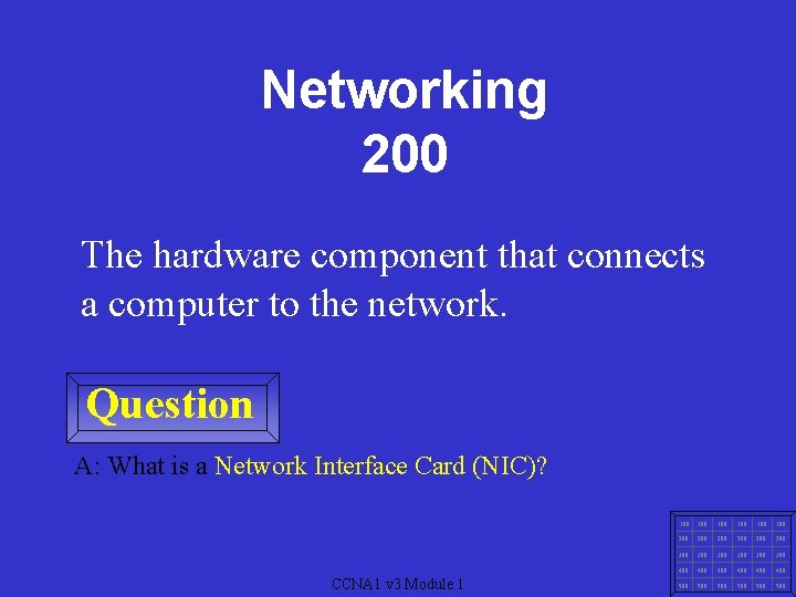 Networking 200 The hardware component that connects a computer to the network. Question A: