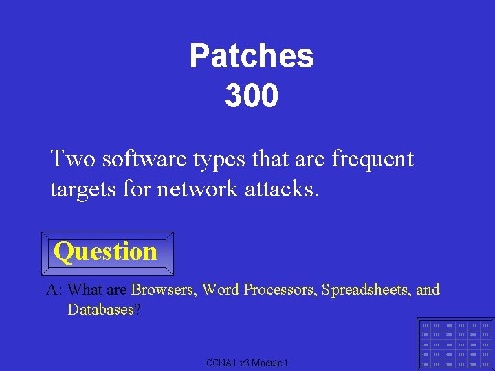 Patches 300 Two software types that are frequent targets for network attacks. Question A: