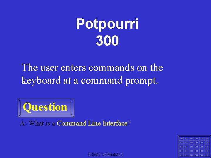 Potpourri 300 The user enters commands on the keyboard at a command prompt. Question