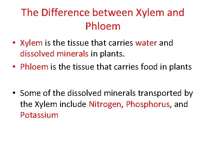 The Difference between Xylem and Phloem • Xylem is the tissue that carries water The Difference between Xylem and Phloem • Xylem is the tissue that carries water