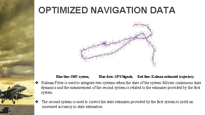 OPTIMIZED NAVIGATION DATA Blue line: IMU system, Blue dots: GPS Signals, Red line: Kalman