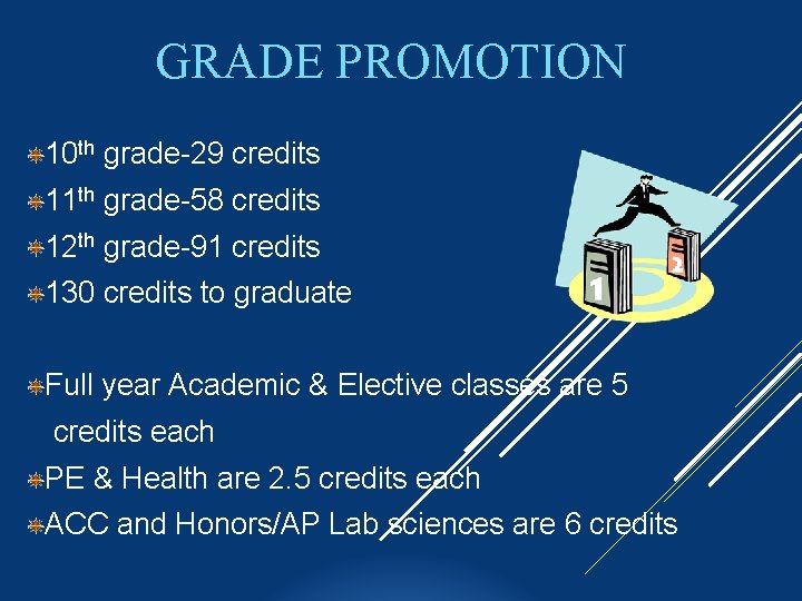 GRADE PROMOTION 10 th grade-29 credits 11 th grade-58 credits 12 th grade-91 credits