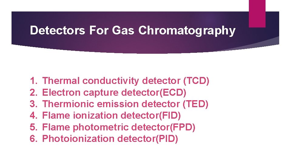 Detectors For Gas Chromatography 1. 2. 3. 4. 5. 6. Thermal conductivity detector (TCD)