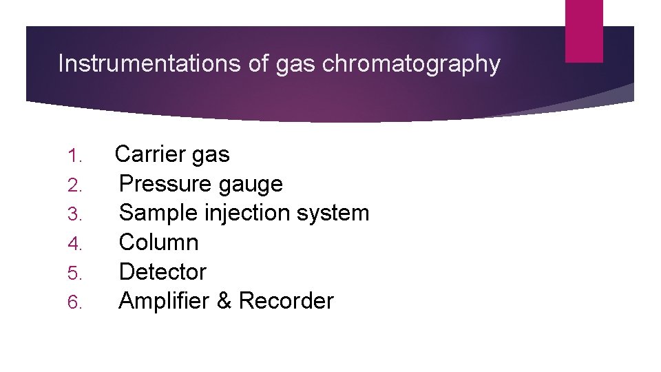 Instrumentations of gas chromatography 1. 2. 3. 4. 5. 6. Carrier gas Pressure gauge