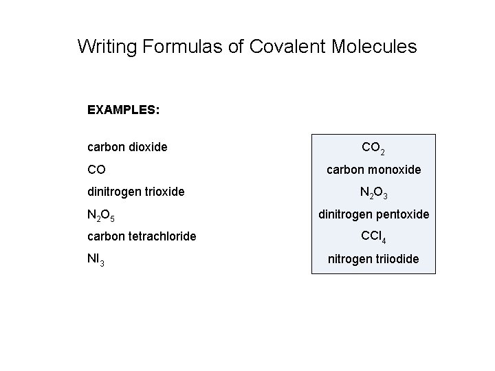 Writing Formulas of Covalent Molecules EXAMPLES: carbon dioxide CO dinitrogen trioxide N 2 O