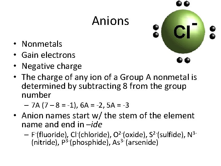 Anions • • Nonmetals Gain electrons Negative charge The charge of any ion of