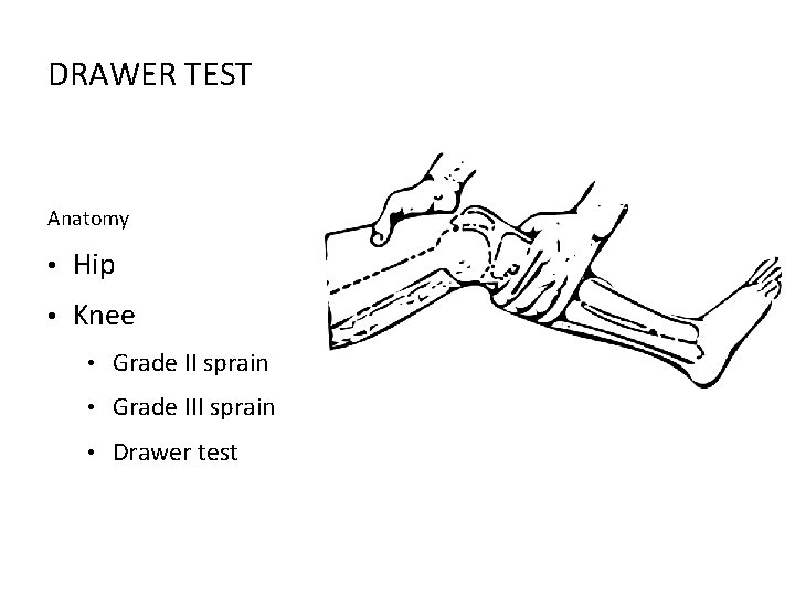 DRAWER TEST Anatomy • Hip • Knee • Grade II sprain • Grade III