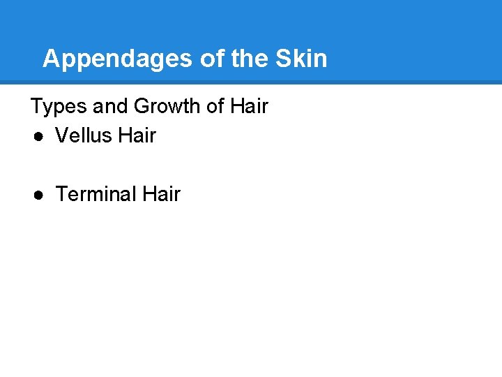 Appendages of the Skin Types and Growth of Hair ● Vellus Hair ● Terminal