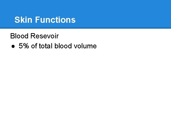 Skin Functions Blood Resevoir ● 5% of total blood volume 