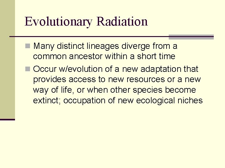 Evolutionary Radiation n Many distinct lineages diverge from a common ancestor within a short