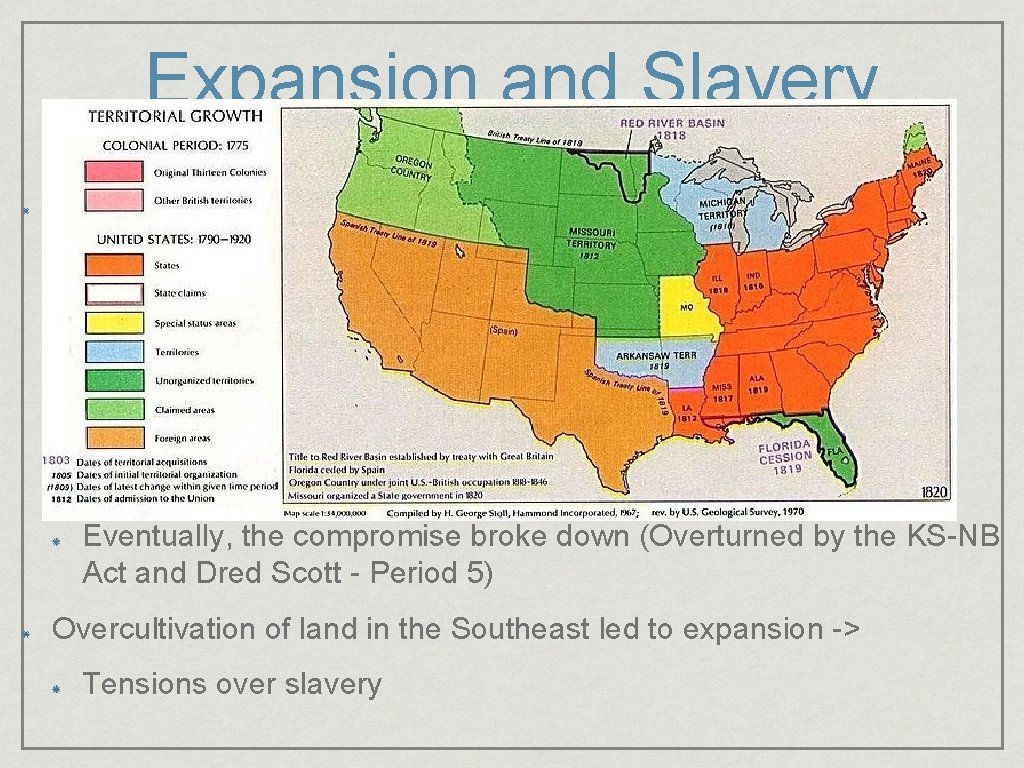Expansion and Slavery Missouri Compromise (Compromise of 1820) 3 parts: Above 36º 30’ -