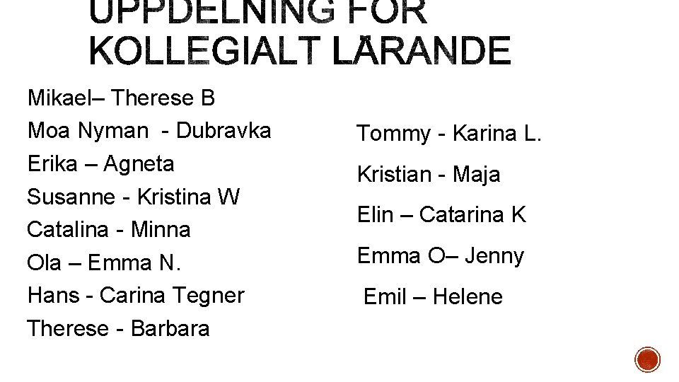 Mikael– Therese B Moa Nyman - Dubravka Erika – Agneta Susanne - Kristina W