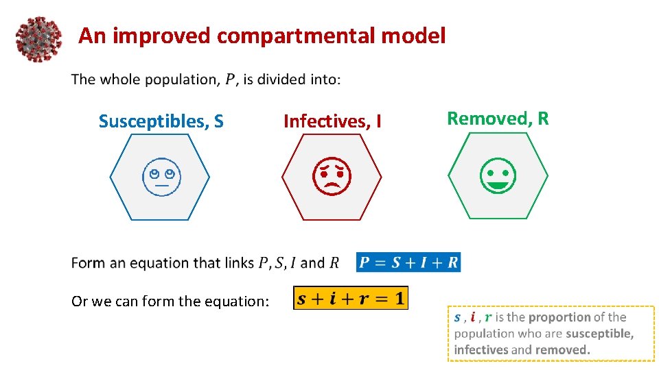 An improved compartmental model Susceptibles, S Or we can form the equation: Infectives, I