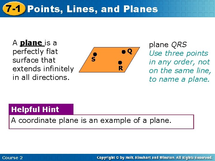 7 -1 Points, Lines, and Planes A plane is a perfectly flat surface that