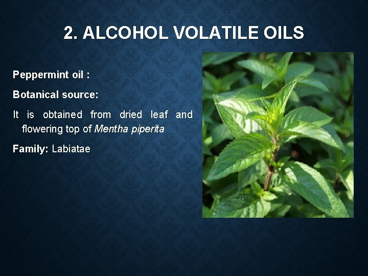 2. ALCOHOL VOLATILE OILS Peppermint oil : Botanical source: It is obtained from dried