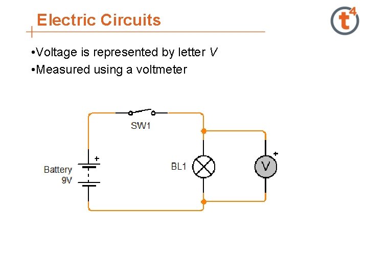 Electric Circuits • Voltage is represented by letter V • Measured using a voltmeter