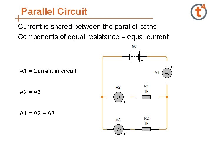 Parallel Circuit Current is shared between the parallel paths Components of equal resistance =