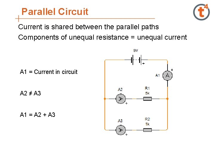 Parallel Circuit Current is shared between the parallel paths Components of unequal resistance = Parallel Circuit Current is shared between the parallel paths Components of unequal resistance =