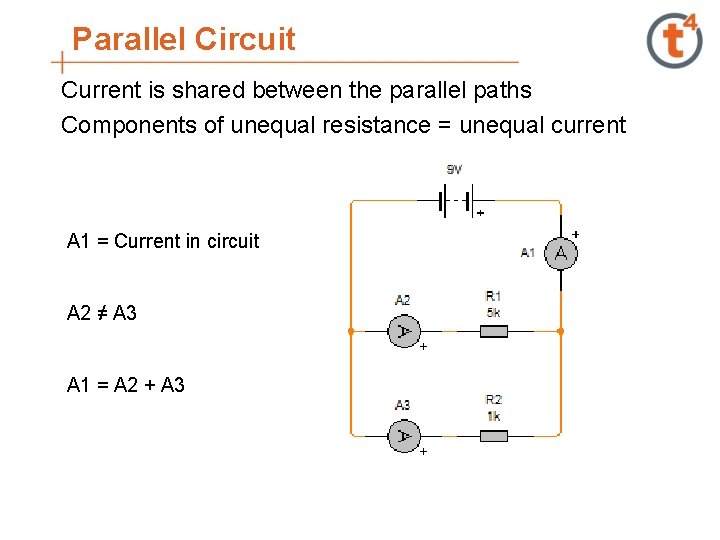 Parallel Circuit Current is shared between the parallel paths Components of unequal resistance =