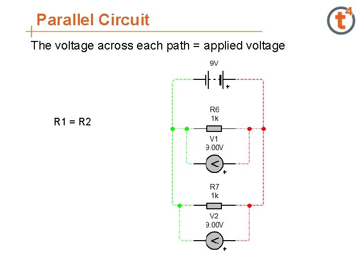 Parallel Circuit The voltage across each path = applied voltage R 1 = R