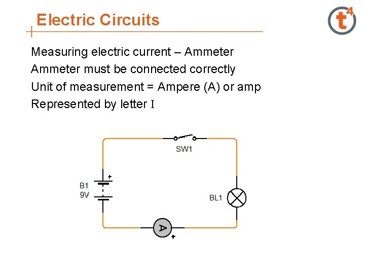 Electric Circuits Measuring electric current – Ammeter must be connected correctly Unit of measurement