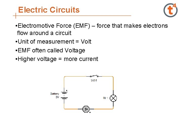 Electric Circuits • Electromotive Force (EMF) – force that makes electrons flow around a