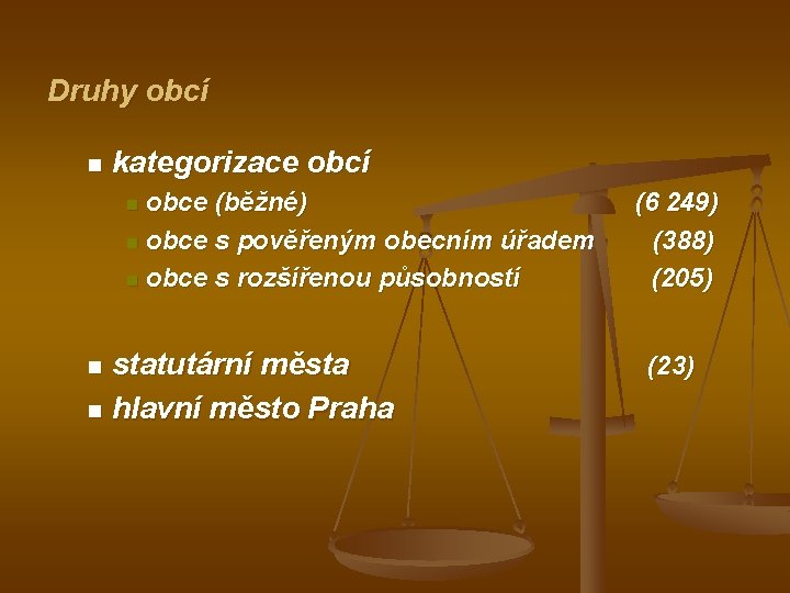 Druhy obcí n kategorizace obcí obce (běžné) n obce s pověřeným obecním úřadem n