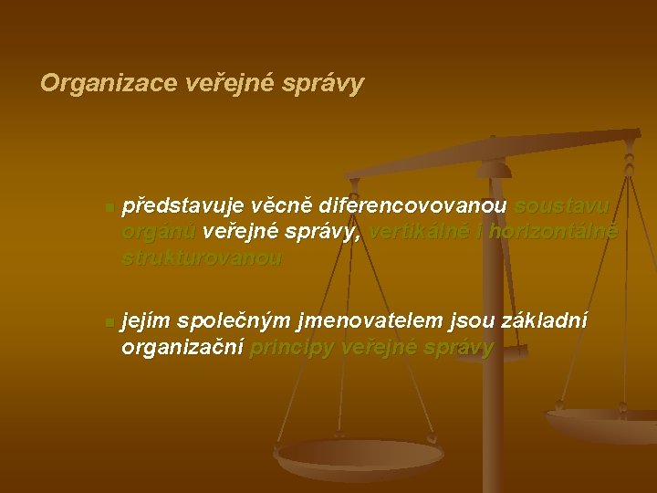 Organizace veřejné správy n představuje věcně diferencovovanou soustavu orgánů veřejné správy, vertikálně i horizontálně