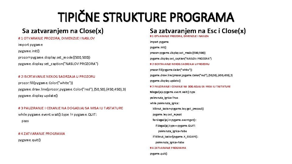 TIPIČNE STRUKTURE PROGRAMA Sa zatvaranjem na Close(x) # 1 OTVARANJE PROZORA, DIMENZIJE I NASLOV