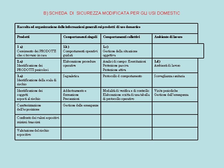 B) SCHEDA DI SICUREZZA MODIFICATA PER GLI USI DOMESTIC Raccolta ed organizzazione delle informazioni