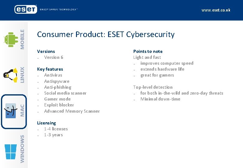 www. eset. co. uk Consumer Product: ESET Cybersecurity Versions ₋ Version 6 Key features