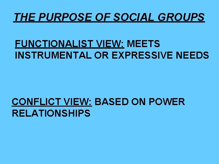 THE PURPOSE OF SOCIAL GROUPS FUNCTIONALIST VIEW: MEETS INSTRUMENTAL OR EXPRESSIVE NEEDS CONFLICT VIEW: