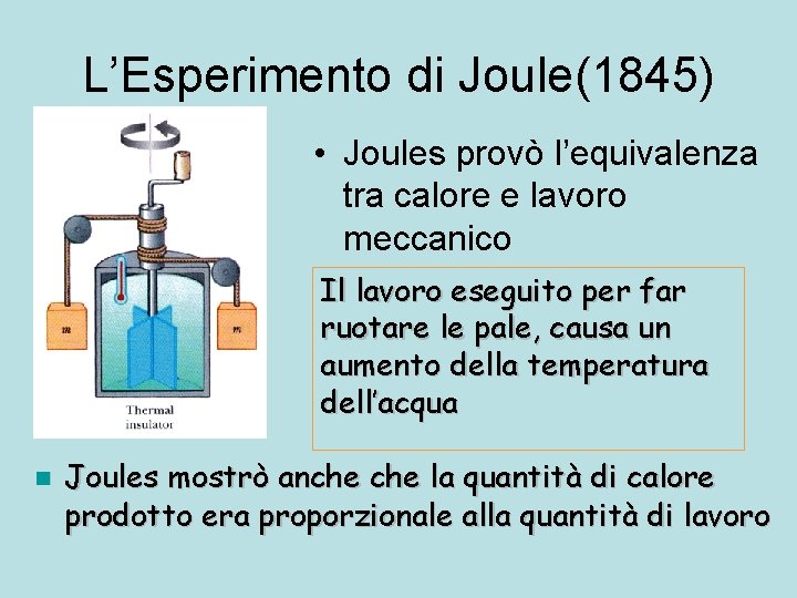 L’Esperimento di Joule(1845) • Joules provò l’equivalenza tra calore e lavoro meccanico Il lavoro